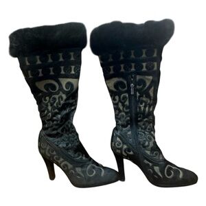 Leather Fur Trim Dress Heeled Boots. Size 39